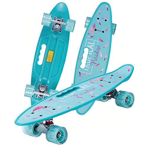 Mini Cruiser Retro Skateboard Komplettboard für Kinder Jugendliche mit LED Leuchtrollen und Tools für Anfänger