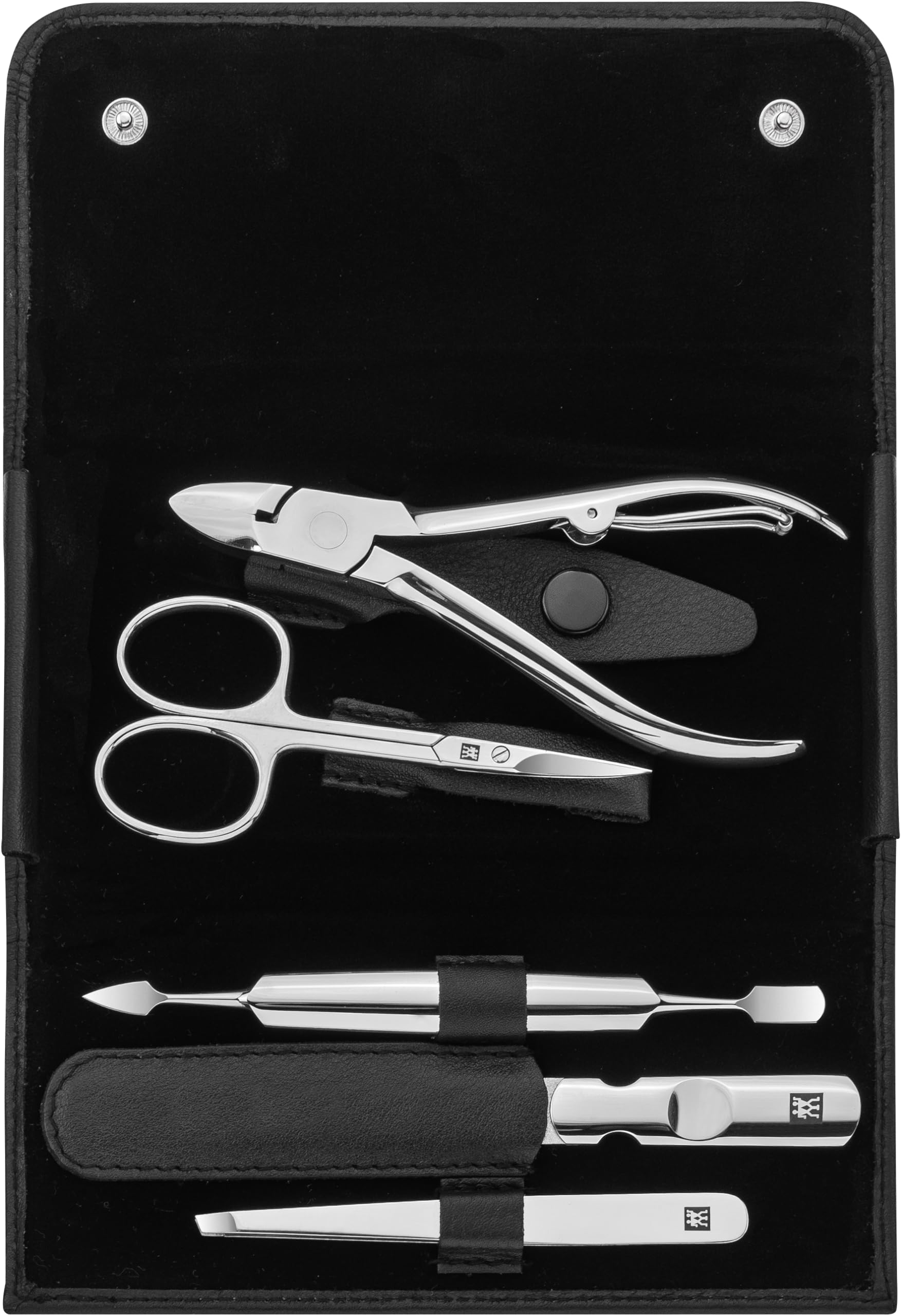 ZWILLING Maniküreset 5-teilig für Nagelpflege und Pediküre aus Rindleder mit Druckknopf, Schwarz