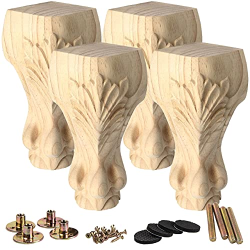 25cm Holz Möbelfüße, La Vane 4 Stück Europäisch Stil Massivholz Geschnitzten Ersatz Tischbeine Möbelbeine Dekoration für Sofa Bett Schrank Couch Stuhl