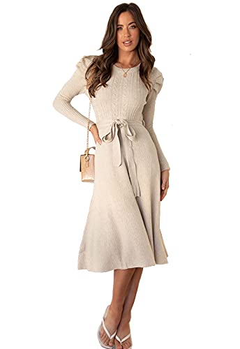 Damen Pulloverkleider Elegant Strickkleid Rundhals Frühling Winter Langarm Tunika Slim Sweater Kleid mit Gürtel, khaki, L