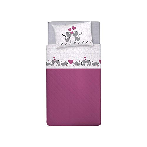 PENSIERI DELICATI Bettwäsche Set Einzelbett 100% Baumwolle, Einzelbett 90x200 Inklusive Bodenblech, Deckblatt und 1 Kissenbezug, Made in Italy, Rosa Kätzchen Fantasie