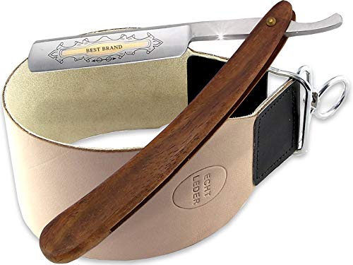 Geschenk Set für Herren Rasiermesser mit Streichriemen Set Holzgriff mit extra breitem Leder Streichriemen 2-Teiliges Set