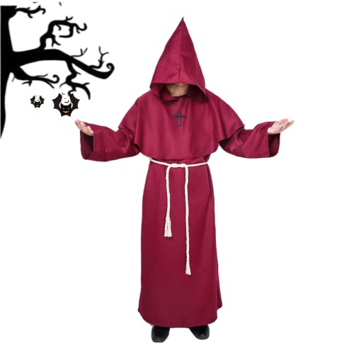 Priester Robe Kostüm Mönch Kostüm Gewand mit Kapuze und Kordel,Mönchskutte Halloween Kostüm Herren für Mittelalterliche Renaissance(Rot,L)