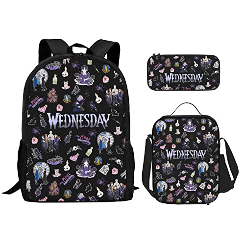 HAvern Wednesday Rucksack-Set, Kinderrucksack, 3D-Druck, Schulrucksack + Lunchtasche + Federmäppchen, Kombination, Schwarz