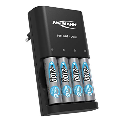 ANSMANN Batterieladegerät inkl. 4x AA Akkus 2100mAh - Automatik Batterie Ladegerät mit Repair-Modus für wiederaufladbare Batterien und Akkubatterien - Powerline 4 Smart Akkuladegerät