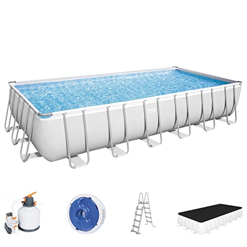 Bestway Power Steel Frame Pool Komplettset viereckig, mit Sandfilteranlage, Leiter, Boden- & Abdeckplane, 732x366x132 cm, grau