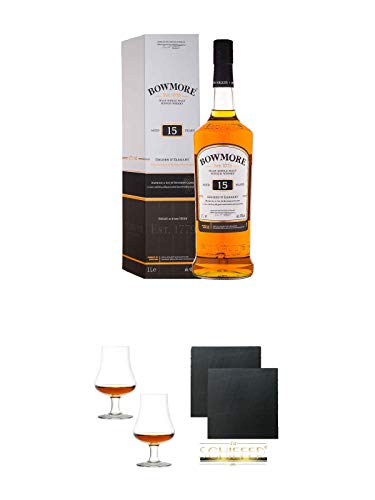 Bowmore 15 Jahre Golden & Elegant 1,0 Liter + Stölzle Nosingglas für Whisky 2 Gläser - 1610031 + Schiefer Glasuntersetzer eckig ca. 9,5 cm Ø 2 Stück
