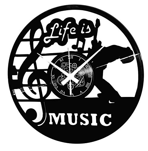 Instant Karma Clocks Vinyl Wanduhr Life is Music Gitarre Musik Bass Rock Band Geschenkidee, Schwarz