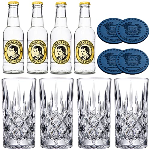 ALANDIA Premium Tonic Wasser Set | Inkl. 4X Gin Gläser aus Kristall | 4X Thomas Henry | 4X Glasuntersetzer