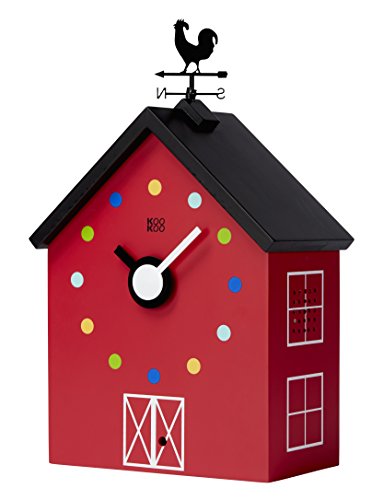 KOOKOO RedBarn Large Bauernhaus Uhr mit 12 Tierstimmen, einem Hahn und Einer drehenden Wetterfahne, mit Lichtsensor, aus MDF Holz, für Kinder ab 6 Jahre