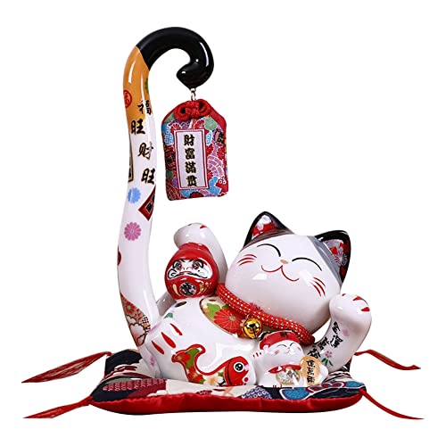 Junguluy 8,6 Keramik Maneki GlüCkliche Katze Geld Spardose MüNze Spardose Japanische Katze mit Langem Schwanz Feng Haus Dekor, A