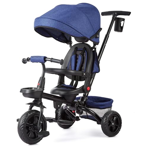 6in1 Dreirad Kinderdreirad mit Schubstange, Kinderdreirad für 9 Monate bis 5 Jahre mit Umkehrbarem Sitz, Ausklappbarem Verdeck mit Sonnenschutz, Kinderwagen Faltbar, Babyfahrrad (Blau)