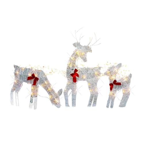 JOUSE 3-Teilige Beleuchtete Weihnachtsdekoration mit 2D-Rentieren für Den Außenbereich, Weiß, Vorbeleuchtet, Beleuchteter Weihnachtsschlitten Von Rudolph und Dem Weihnachtsmann mit Lichtern