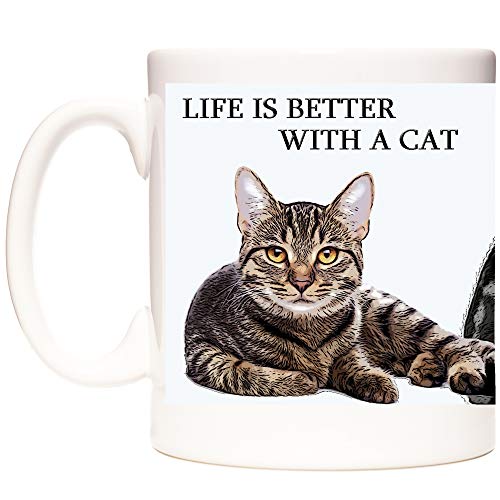Tasse mit Katzenmotiven "Life is Better with a Cat" aus Keramik mit Bildern von getigerten Katzen