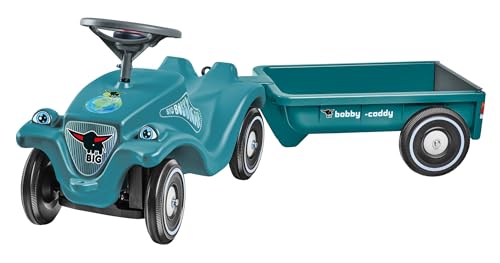 BIG Bobby Car Classic Eco 2.0 mit Anhänger - Rutschauto ab 1 Jahr aus Recycling-Material mit Caddy, Lenkrad und Hupe, für Kinder ab 1 Jahr (bis 50 kg), Türkis mit Grau