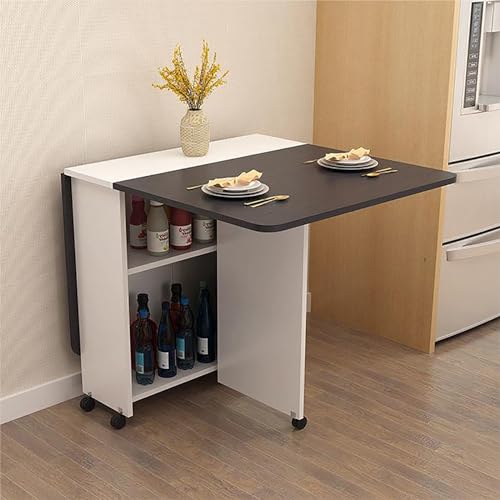 Platzsparender Klappbarer Esstisch, Mobiler Drop-Leaf-Tisch mit 6 Rädern, Klapptisch Esszimmertisch mit 2 Offenen Ablagen, Vielseitiger Klapptisch für Arbeit, Studium und Essen ( Color : Black+white-C