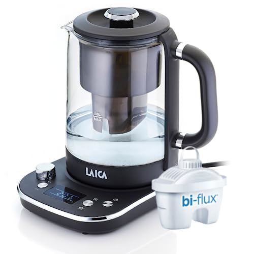 LAICA ISEO Elektrischer Wasserkocher, 1,6 l Fassungsvermögen mit variablen Temperaturstufen + 1 Bi-Flux® Wasserfilterpatrone für Tee und Kaffee, 2,5 kW, Glas, Schwarz