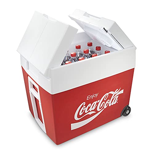 Coca-Cola MT48W Kühlbox mit Rollen passend für eine komplette Getränkekiste / Bierkiste, thermo-elektrisch, 48 Liter, 12 V und 230 V für Auto, Lkw, Boot, Wohnmobil und Steckdose
