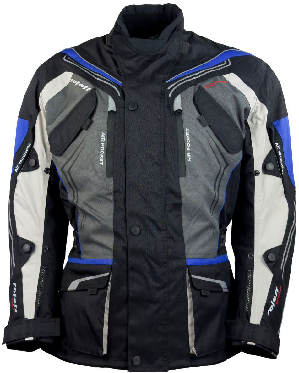 Motorradjacke schwarz-grau-blau mit Protektoren, Belüftungssystem, Klimamembrane und herausnehmbarem Thermofutter