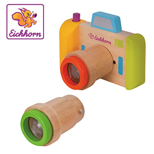 Eichhorn 100003460 Kaleidoskop, 3 teilig, Kamera und 2 Objektive, Material, Kinder ab einem Jahr geeignet Drehfunktion, Birkenholz, Birkensperrholz, BSK, 1J+, bunt, 12,5x9x7,5cm