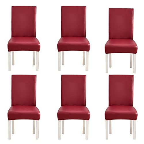 WWYL Esszimmer Stuhlhussen 2er/4er/6er Set, Wasserdichtes Pu Leder Stretch Stuhl-Universell Stuhlhussen Haus Büro Restaurant, Dekor Moderne Spann-Abdeckung (Weinrot,6-Stück)