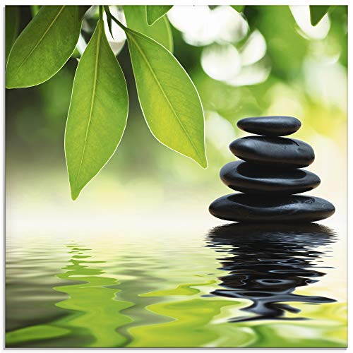 Artland Qualitätsbilder I Glasbilder Deko Glas Bilder 80 x 60 cm Wellness Zen Stein Foto Grün D8QF Wachstum - Lavasteine Bambus
