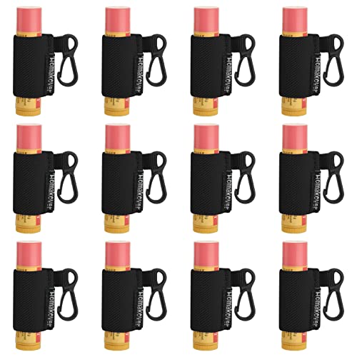 Homakover 12 Stück kompakter Chapstick-Halter Schlüsselanhänger in 12 Farben, Lippenbalsam-Ärmel mit Clip, passend für die meisten Standard-Lippenbalsam, eng gestrickter elastischer Lippenbalsam-Schlüsselanhängerhalter (schwarz)