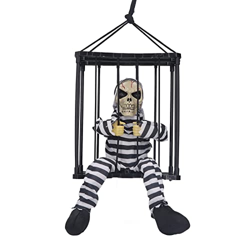 Alomejor Halloween Animatronics Scary Toys Leuchtende Augen Bewegungssensor Scary Skull Cage Prisoner Halloween Skull Cage Prisoner(Kapuzengeist)