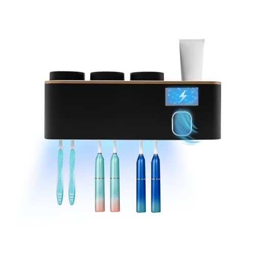 Automatischer Zahnpastaspender, UV Zahnbürstenhalter, Elektrischer Wandmontierter Zahnbürstenhalter mit 3X Becher,Kosmetik/Badezimmer Aufbewahrungsorganizer,USB (SchwarzGold)