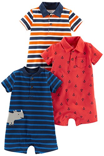 Simple Joys by Carter's Baby Jungen Spielanzug, 3er-Pack, Orange/Marineblau/Rot, Streifen/Anker, 3-6 Monate