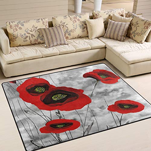Naanle Teppich mit Blumenmuster, rutschfest, für Wohnzimmer, Esszimmer, Schlafzimmer, Küche, 150 x 200 cm, Mohnblumen-Teppich
