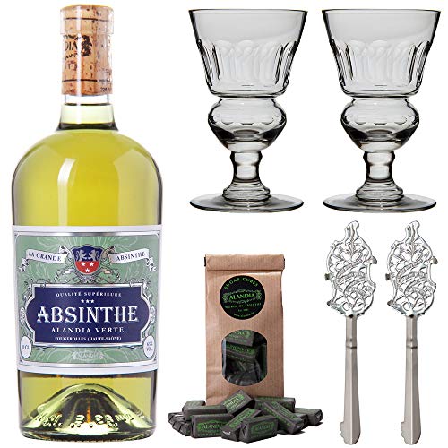 Absinth Set ALANDIA Verte | Grüner Absinth mit traditionellem 19. Jh. Rezept | 2x Absinth-Gläser / 2x Absinth-Löffel / 1x Absinth-Zuckerwürfel | (1x 0.5 l)