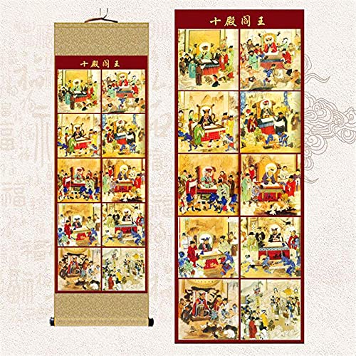 Rollbilder, Feng Shui tibetische Thangka, tibetische Thangka-Wandbehang, 10 Tempel Yama Dojo Porträtbild Seidenrolle Zeichnung Tempeldekorationsmalerei (Color : Gris)