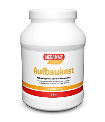 Megamax Aufbaukost 1.5 Kg Cappuccino Ideal zur Kräftigung und bei Untergewicht -Proteinpulver zur Zubereitung eines Kohlenhydrat-Eiweiß-Getränkes für Muskelmasse u. Muskelaufbau Gewichtszunahme