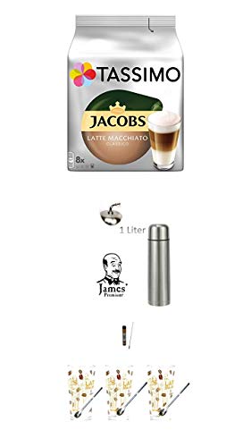 Tassimo Kapseln Jacobs Typ Latte Macchiato Classico, plus milchbehälter für kaffeevollautomaten plus 3 Latte Gläser mit Löffel