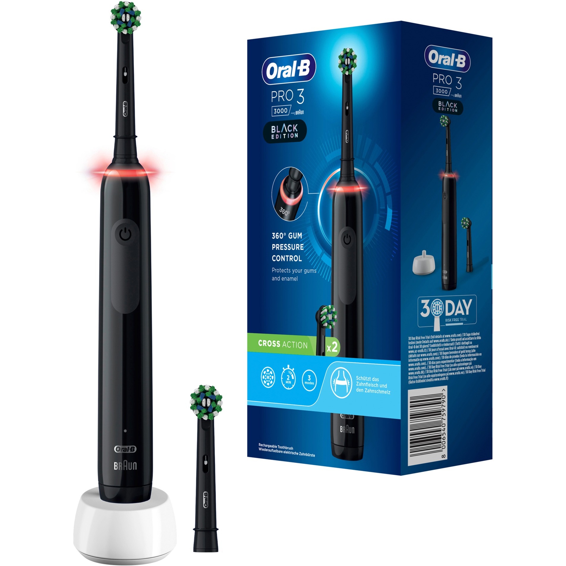 Oral-B Pro 3 3000 Elektrische Zahnbürste/Electric Toothbrush, mit 3 Putzmodi und visueller 360° Andruckkontrolle für Zahnpflege, 2 Aufsteckbürsten, Designed by Braun, schwarz