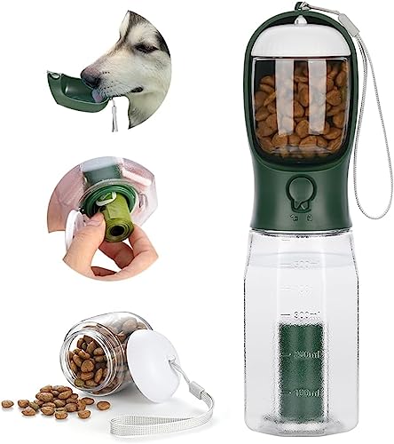 ERKIES Hundewasserflasche, Multifunktionale tragbare Hundewasserflasche, mit 100g Hundefutterbecher und Kotbeutel, für Haustiere beim Wandern (600ml, Grün)