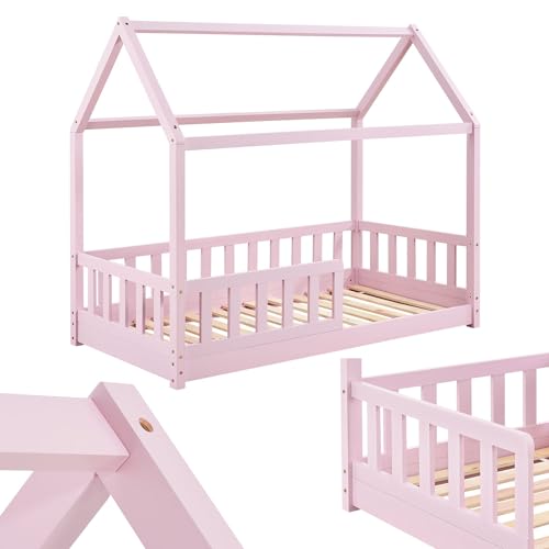 Juskys Kinderbett Marli 80 x 160 cm mit Rausfallschutz, Lattenrost und Dach - Hausbett für Kinder aus Massivholz - Bett in Rosé