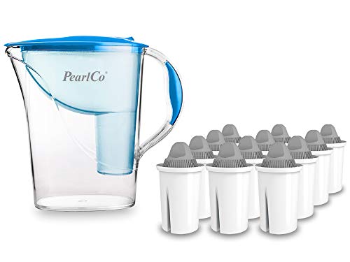 PearlCo - Wasserfilter Standard (blau) mit 12 Protect+ classic Filterkartuschen (f. hartes Wasser) - passt zu Brita Classic