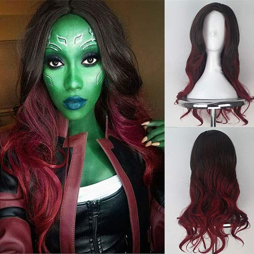 Blue Bird Cosplay-Perücke für Damen, „Guardians of the Galaxy“, Gamora, lang, gewellt, dunkler Haaransatz, Ombre, weinrote Perücke, Kostüm, Halloween, Anime, Cosplay, Haare