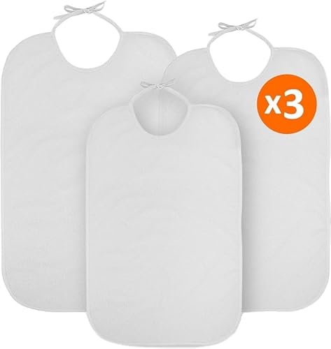 OrtoPrime X3 Lätzchen für Erwachsene, wasserdicht, PVC, Lätzchen für Senioren, wasserdicht und wiederverwendbar, Lätzchen für Erwachsene, 3 Stück, weiß