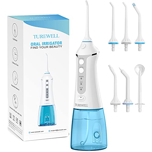 Turewell Wasser-Zahnseide, tragbar, schnurlos, Munddusche mit 4 Strahlspitzen und 300 ml Reservoir, 3 Reinigungsmodi, IPX7 wasserdicht, wiederaufladbar, Wasser-Zahnseide, FDA-genehmigt