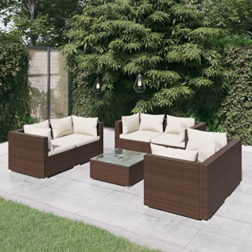 WHOPBXGAD terrassenmöbel,balkonmöbel Kleiner Balkon,Tisch klappbar,7-TLG. Garten-Lounge-Set mit Kissen Poly Rattan Braunterassenmöbel außen,balkonmöbel Set,glasplatte Tisch,