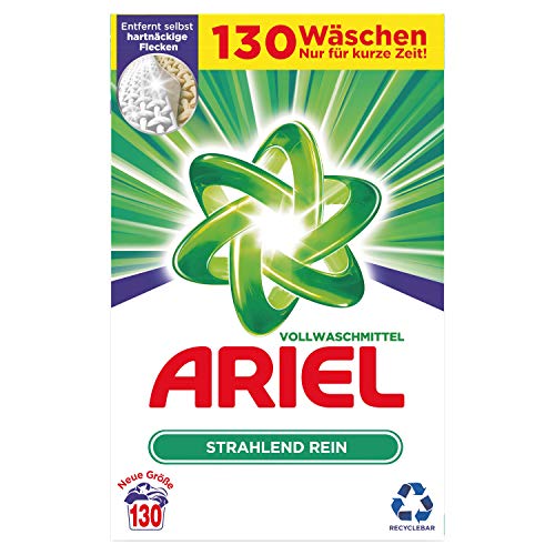 Ariel Waschmittel Pulver Waschpulver, Vollwaschmittel, Strahlend Rein, 130 Waschladungen (8kg)