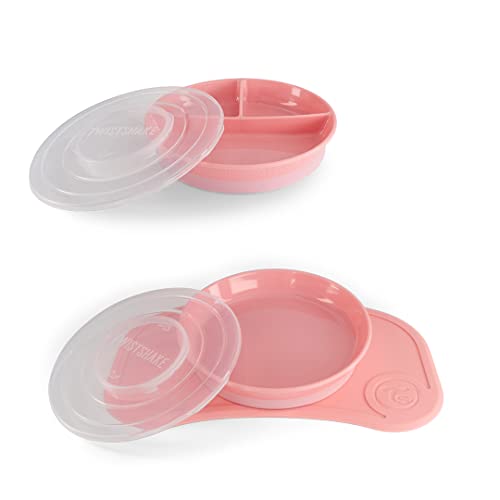 Twistshake Babygeschirrset Mini + Geteilter Teller | Baby-Saugteller + Baby-Platzset (31x17cm) + Geteilter Teller | BPA Frei | Esslernteller | Rosa