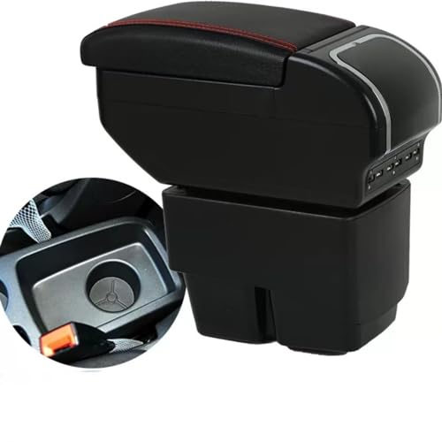 QCALAZ Für Ford Fiesta 2009-2017 Armlehnenbox Central Store Mittelkonsolenbox mit Getränkehalter (F Schwarz Rot Kein USB)