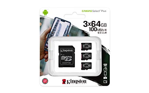 Kingston Canvas Select Plus microSD Speicherkarte, SDCS2/64GB-3P1A Class 10 (3x Karte,inkl. SD Adapter)