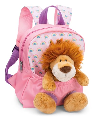 NICI 49849 Rucksack 21x26cm pink mit Plüschtier Löwe 25cm-Abnehmbarer Pluschspielzeug Weich Flauschig-Kindergartenrucksack mit Kuscheltier für 2-5 Jährige Jungen und Mädchen