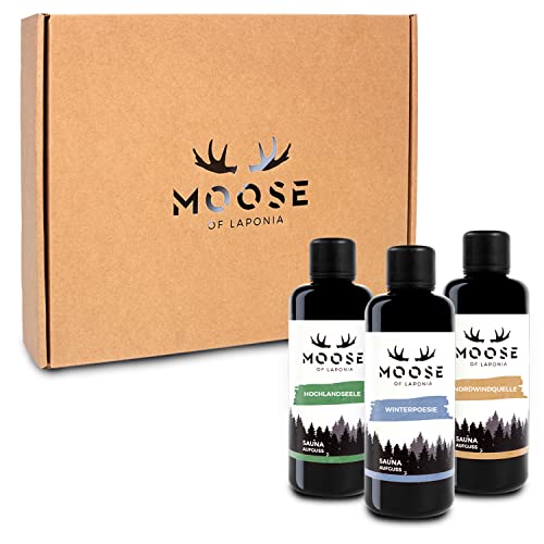 Moose of Laponia – Saunaduft-Konzentrat - Set mit 3 Flaschen je 100 ml, Düfte"Winterpoesie","Nordwindquelle" und"Hochlandseele" - veredelte Premium-Saunaaufgüsse made in Germany