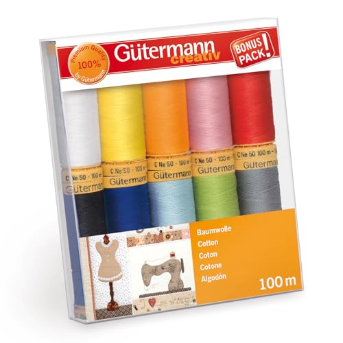 Gütermann creativ Nähfaden-Set mit 10 Spulen Baumwolle 100 m in verschiedenen Farben, Mehrfabig, 100x118x22 mm